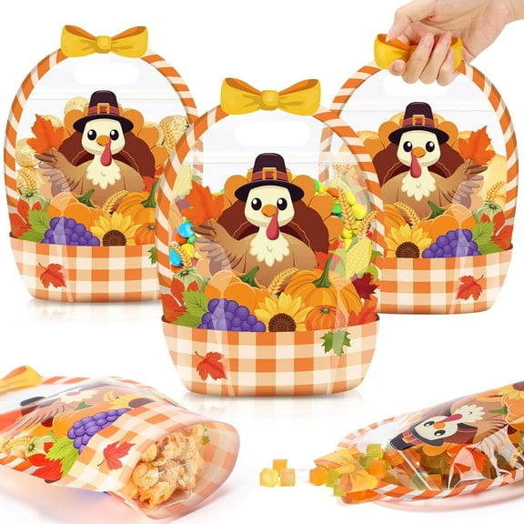 25 Pcs Thanksgiving Gift Bags Turkey Goodie Bags with Handles Resealable Happy Thanksgiving Plastic Pouches for Fall Autumn Harvest Party Candy Gift Wrapping Supplies Decoration(Turkey)