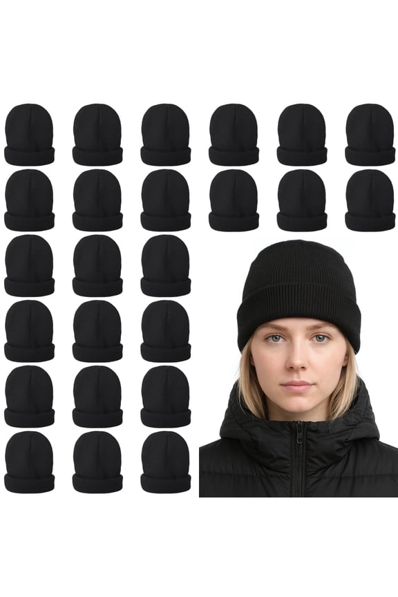 Bulk 25-Pack Black Beanie Hats, Warm Knit Winter Caps for Men and Women, Comfortable Cuffed Design, for Team Uniforms, Events, Gifts, Staff, Outdoor Crew