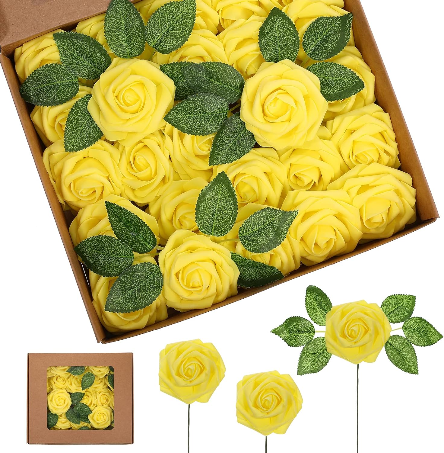 25 Pcs Yellow Roses Artificial Roses Flowers with Leaves and Stems