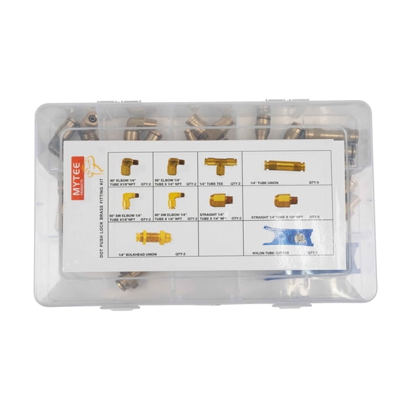 25 Piece (1/4'') D.O.T Air Brake Nylon Tubing Fitting Assortment Kit - Truck Parts Air Brake Line Fittings Brass Push to Connect Kit
