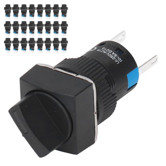 25-Piece 16mm Square 5 Pin Knob Select Switch, Heavy Duty Self Locking Rotary Control Switches, 24V Waterproof Green Design