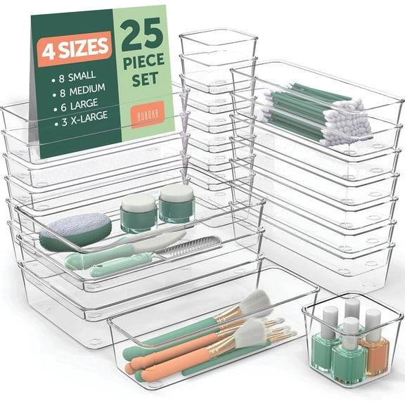 25 Piece Clear Plastic Drawer Organizer Set, 4 Sizes for Makeup, Jewelry, Kitchen, Office and Bathroom Storage, Bathroom Drawer Organizer Trays