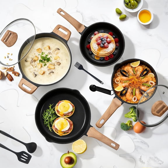 25-Piece Nonstick Cookware Set with Induction Base and Wood Handles for All Stovetops