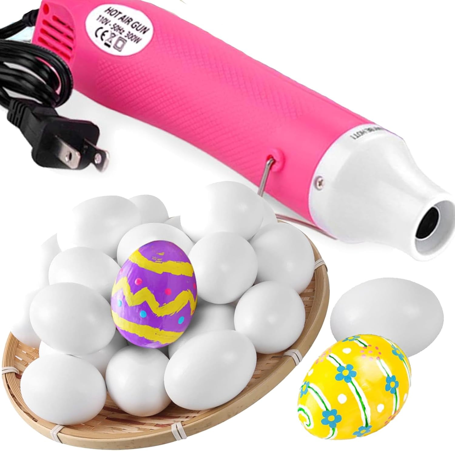 25 Piece Pink Craft Heat Gun With 24 White Realistic Wooden Eggs For Painting