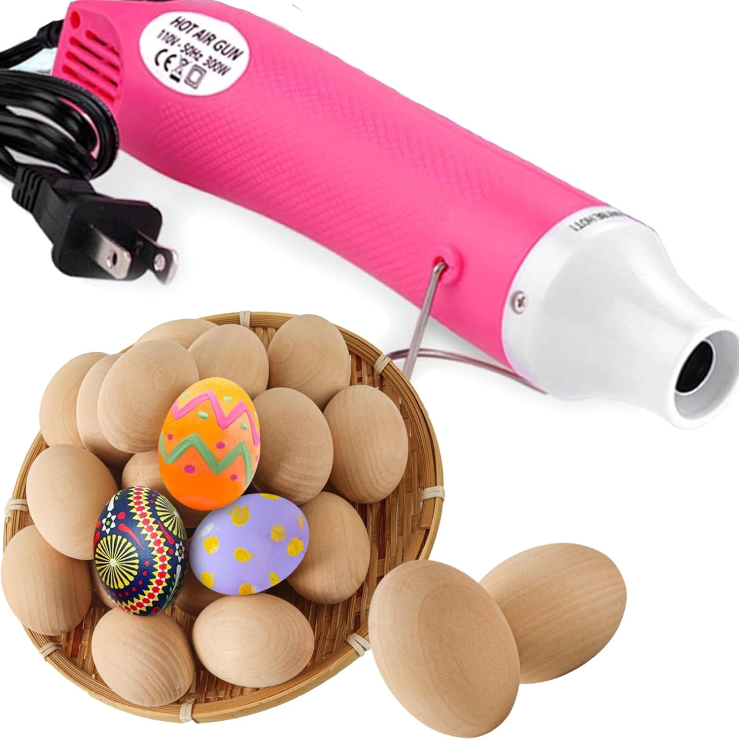 25 Piece Pink Craft Heat Gun With 24 White Wooden Egg Set For Painting