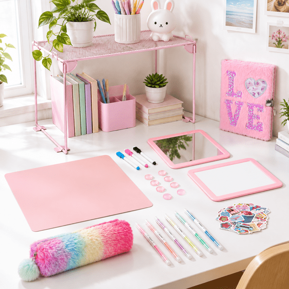 25-Piece Pink Locker Accessories Kit with Shelf, Mirror, and School Supplies