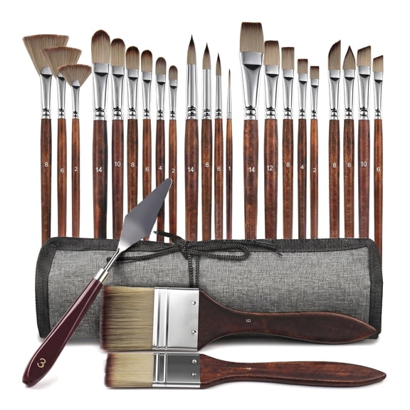 25 Pieces Paint Brush Set, Artist Professional Series, Synthetic Acrylic Paint Brushes with Flat, Filbert, Fan, Dagger, Cat Tongue, Round, Angle, Rigger for Oil, Acrylic Canvas Paintings