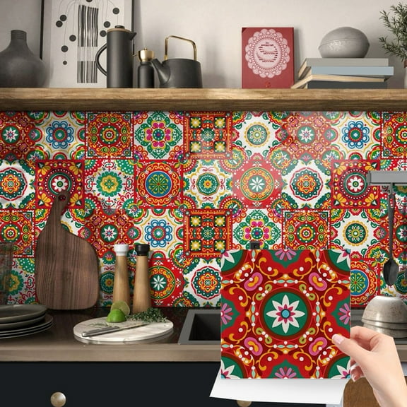 25 Piece Self Adhesive Tiles Stickers Kitchen Backsplash 6" x 6" Red Green Flowers Pattern Wall Decals DIY Decor Peel and Stick Waterproof Tile