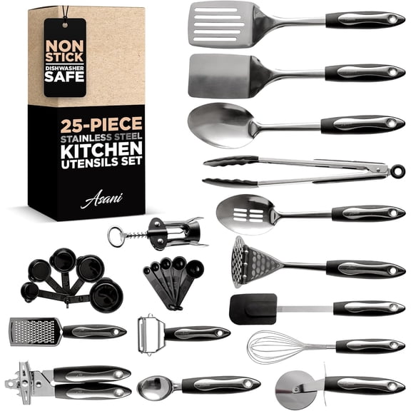 25-Piece Stainless Steel Kitchen Utensil Set | Non-Stick Cooking Gadgets and Tools Kit | Durable Dishwasher-Safe Cookware Set | Kitchenware Gift Idea, Best New Apartment Essentials