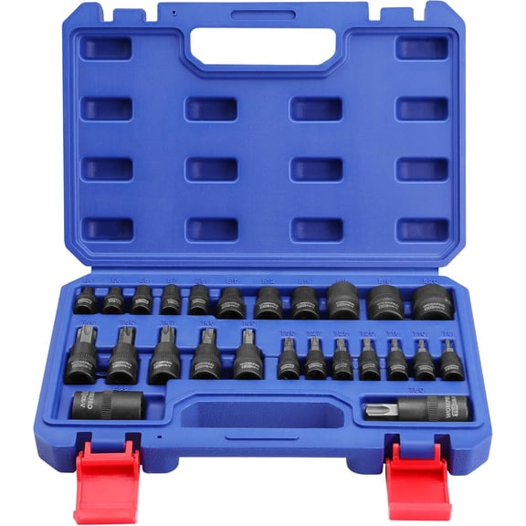 25-Piece Torx Bit Socket Set, 1/4", 3/8", 1/2" Drive, E4-E22, T8-T60 Female & Torx Socket Set, CR-V & S2 Alloy Steel