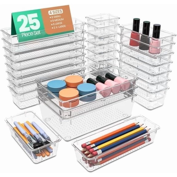 25-Piece Transparent Drawer Storage Set – Multi-Size Storage Trays, Suitable for Bathroom, Vanity, Cosmetics, Kitchen Utensils, Office and Bedroom - Desk Organizer and Storage Box