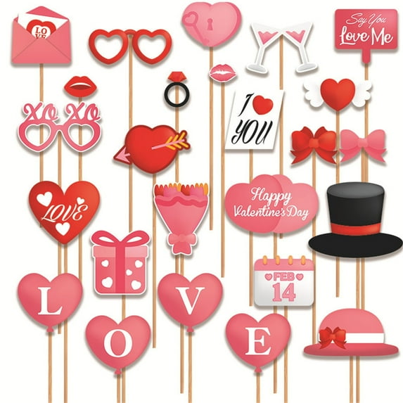 25 Piece Valentine's Day Photo Booth Prop Set, Wedding and Party Props for Couples, Kids, and Group Photos