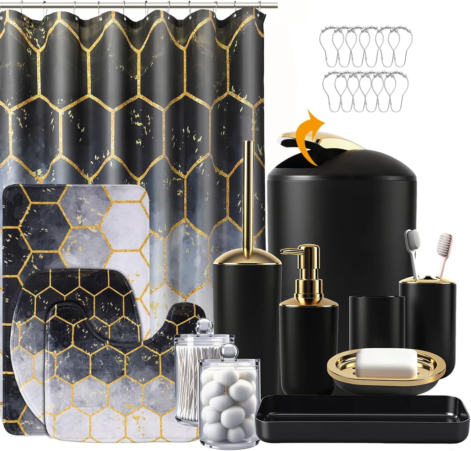 25 Pieces Bathroom Set Black and Gold Bathroom Accessories Set, Shower Curtain and Rugs, Trash Can, Toilet Brush, Soap Dispenser, Soap Dish, Toothbrush Holder, Tumbler, Tray, Qtip Holder