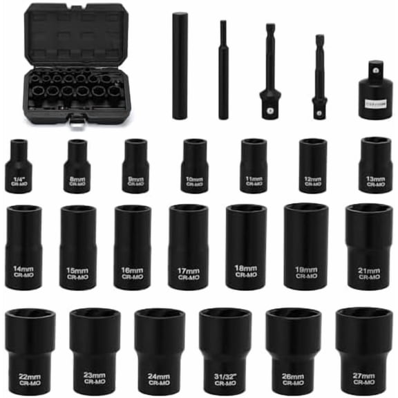 25 Pieces Bolt Nut Extractor Set, 1/2" and 3/8" Drive Impact Lug Nut Remover Socket Tool, Wheel Lock Removal Kit for Removing Stripped Rusted Nuts/Damaged Nut or Bolt/Locknuts$$Tools & Hardware Other
