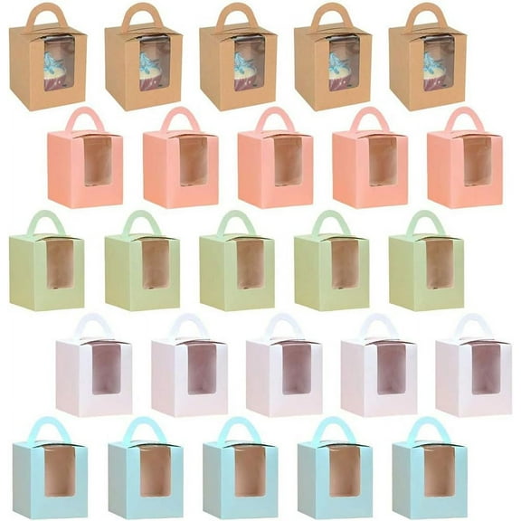25 Pieces Cupcake Gift Boxes,Bakery Boxes,Individual Cupcake Containers,with Window Cardboard and Inserts Rack Packaging Box for Muffin Wedding Party Guests Cakes Holder Box (5 Colors)