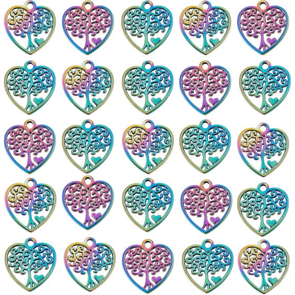 25 Pieces Heart with Tree Charm Pendant Rainbow Alloy Charm Filigree Alloy Pendants for Jewelry Necklace Earring Making Crafts DIY
