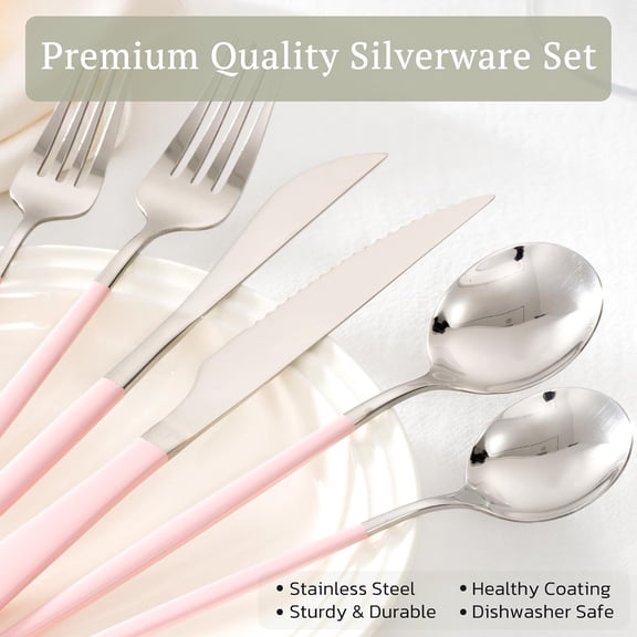 25-Pieces Silverware Set with Steak Knives for 4 - Great Food-Grade Stainless Steel Flatware Set, Mirror-polished Cutlery Utensil Sets, Ideal for Home Restaurant & Banquet Use, Pink$$