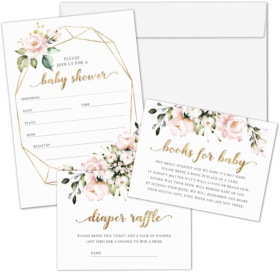 25 Pink Floral Baby Shower Invitations with Diaper Raffle Tickets and