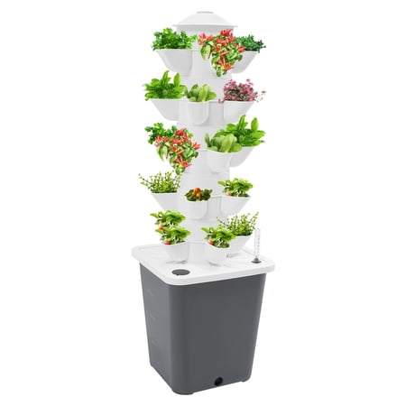 25-Plant Vertical Tower Garden System, Indoor Hydroponic Growing Kit with Pump & Water Level Gauge, Vertical Vegetable Planter for Gardening Enthusiasts(Grey)
