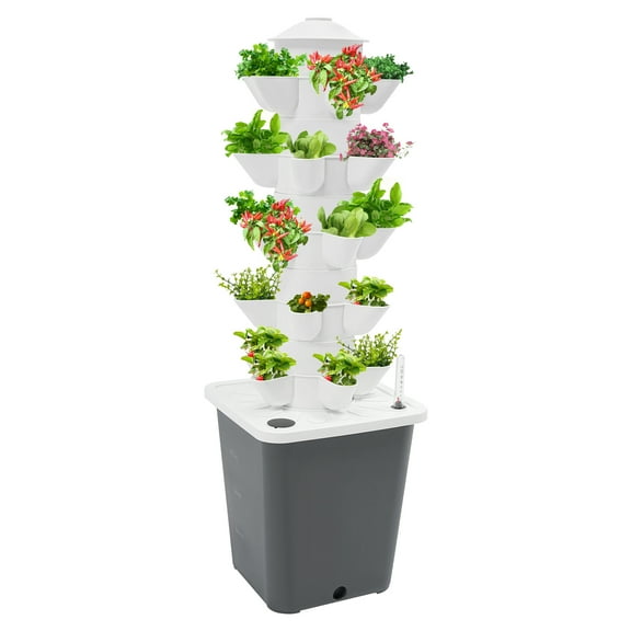 25-Plant Vertical Tower Garden System, Indoor Hydroponic Growing Kit with Pump & Water Level Gauge, Vertical Vegetable Planter for Gardening Enthusiasts（Grey）