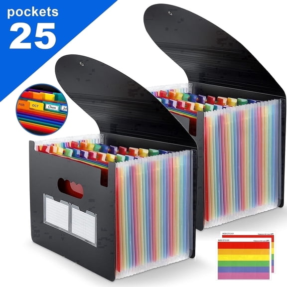 PUCACHI Accordion File Organizer, 25‑Pocket A4 Freestanding Expanding File Folder, Polypropylene Waterproof Acid‑Free Document Storage, Black, 2‑Pack