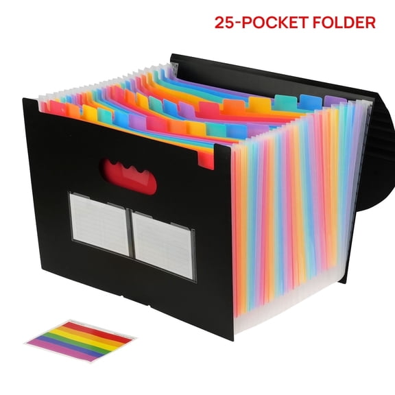25- Pocket Expanding File Folders for Paper Receipts, Bills&Taxes Organizer, Letter/A4 Size Document Holder for School, Office, Home with Colorful tabs- Black