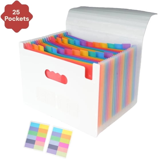 25- Pocket Expanding File Folders for Paper Receipts, Bills&Taxes Organizer, Letter/A4 Size Document Holder for School, Office, Home with Colorful tabs- while