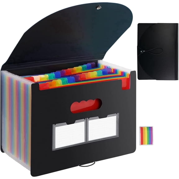 25 Pockets Accordion File Organizer, Expanding File Folder with Labels, Portable Letter A4 Size Paper Document Receipt Organizer for Classroom, Home, Office and Travel, Black