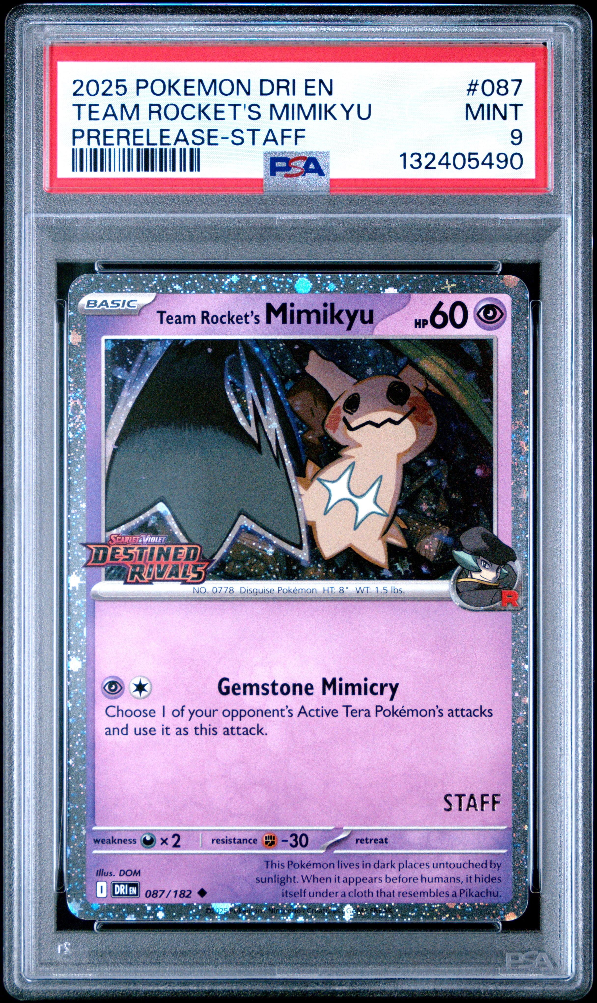 25 Pokemon Destined Rivals Team Rocket's Mimikyu #087 Prerelease-Staff ...