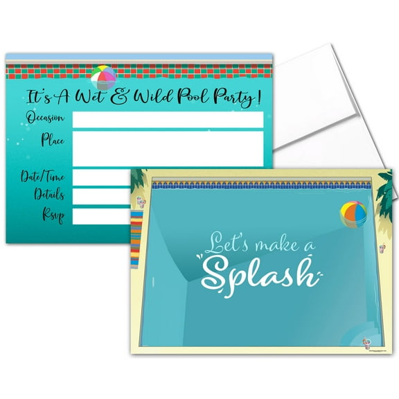 25 Pool Party Invites with Envelopes - Kids or Adult Pool Party Invitations - 15