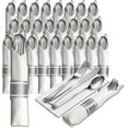 thumbnail image 1 of 25 Pre Rolled Silver Plastic Silverware - 100pc Set, Service for 25 - Wrapped Disposable Set with Forks, Knives, Spoons, White Napkins - Fancy Decorative Flatware for Dinner, Party, Wedding, 1 of 8
