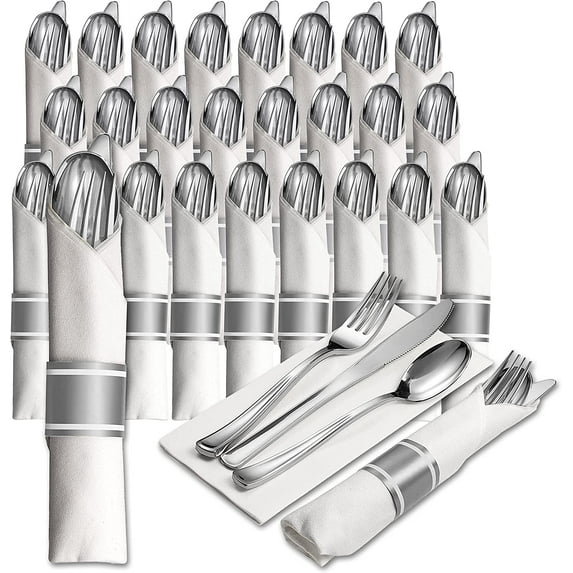 25 Pre Rolled Silver Plastic Silverware - 100pc Set, Service for 25 - Wrapped Disposable Set with Forks, Knives, Spoons, White Napkins - Fancy Decorative Flatware for Dinner, Party, Wedding