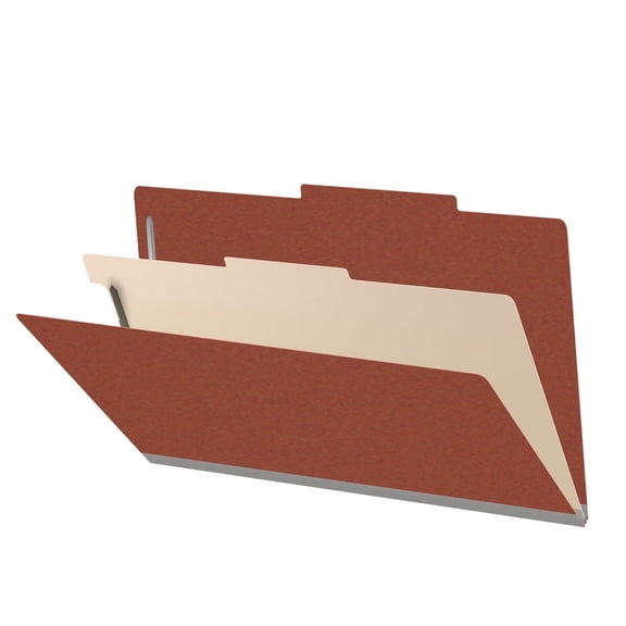 25 Pt. Pressboard Classification Folders, 2/5 Cut ROC Top Tab, Legal Size, 1 Divider, Brick Red (Box of 10)