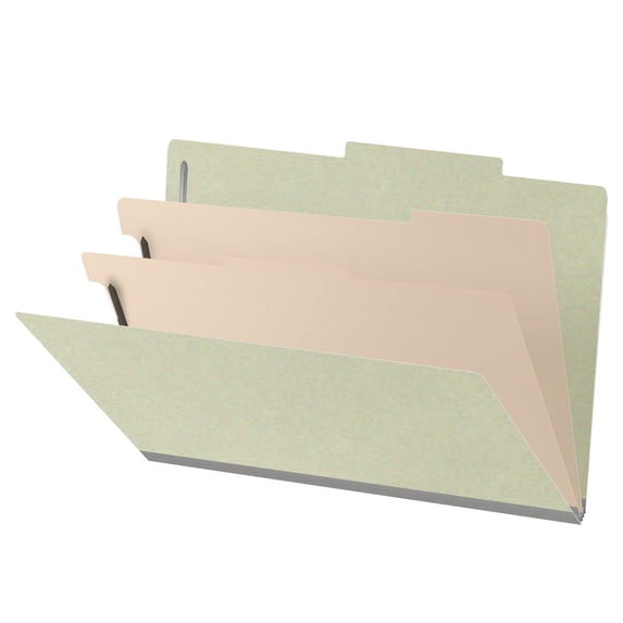 25 Pt. Pressboard Classification Folders, 2/5 Cut ROC Top Tab, Legal Size, 2 Dividers, Pale Green (Box of 10)