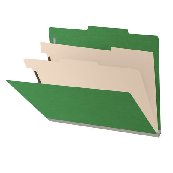 25 Pt. Pressboard Classification Folders, 2/5 Cut ROC Top Tab, Letter Size, 2 Dividers, Green (Box of 10)