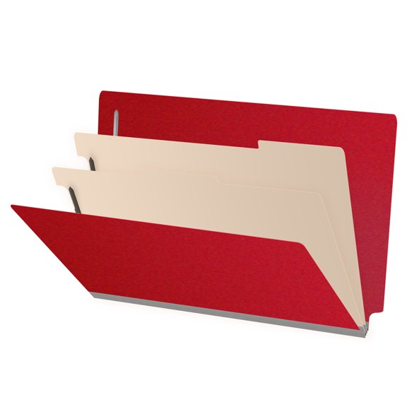 25 Pt. Pressboard Classification Folders, Full Cut End Tab, Legal Size, 2 Dividers, Red (Box of 10)