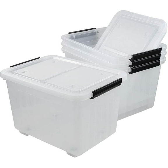 25 Quart Clear Latching Tote, Plastic Storage Bin with Black Handle, Pack of 4