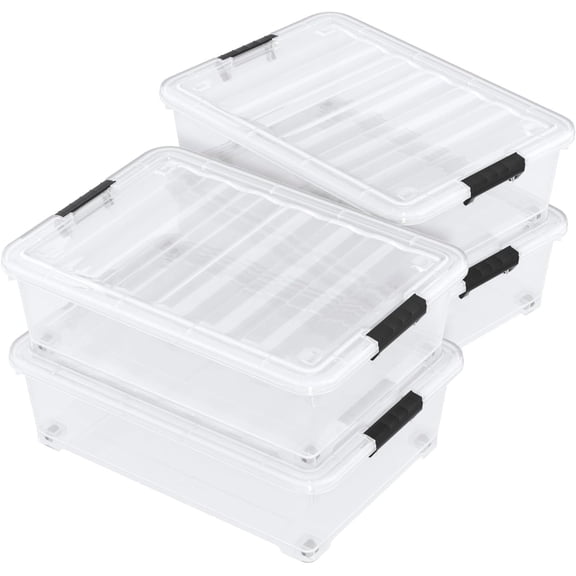 25 Quart Clear Underbed Storage Bins with Wheels, Stackable Plastic Latching Bin with Lid, 4 Packs