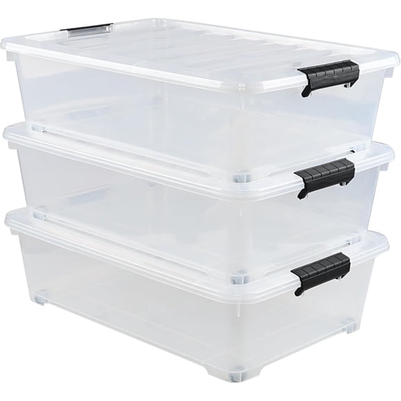 25 Quart Plastic Underbed Storage Container with Wheels, Clear Under Bed Storage Box Bins, 3-Pack