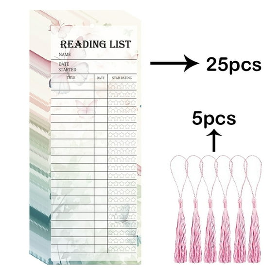 25 Reading List Bookmarks And 5 Tassel Decorations, 3 X 8 Inch Watercolour Book Tracker Bookmarks, Personal Library Card