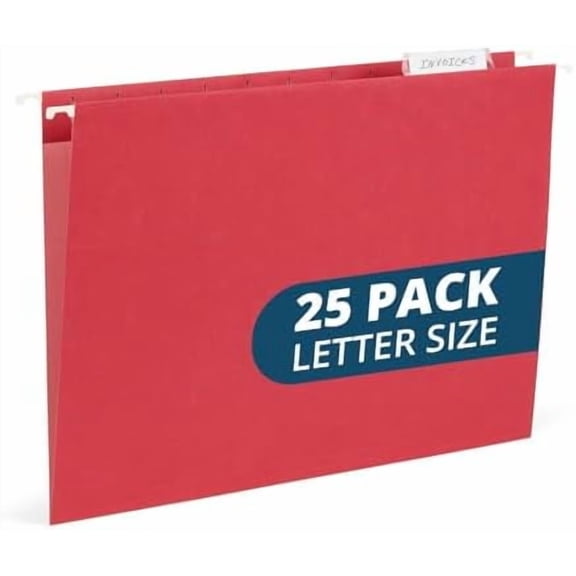 25 Red Hanging File Folders Letter Size – Durable 11pt Paper, Plastic Tabs and Inserts Included, Fits Standard Filing Cabinets and Desktop Organizers