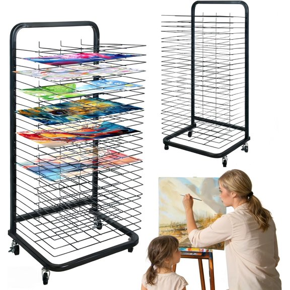 25 Removable Shelves Mobile Art Drying Rack for Classroom, Sturdy Metal Art Canvas Storage & Art Print Display Rack with Locking Wheels (32.22x14.6x17.3 In),Painting Drying Rack,paper drying rack