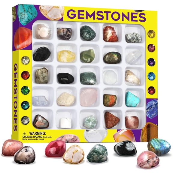 Piano Potato 25PCS Gemstones for Kids Rock Collection Kit, Natural Polished Tumbled Gemstone STEM Geology Toy, Educational Rock and Mineral Kit for Boys Girls Ages 6+