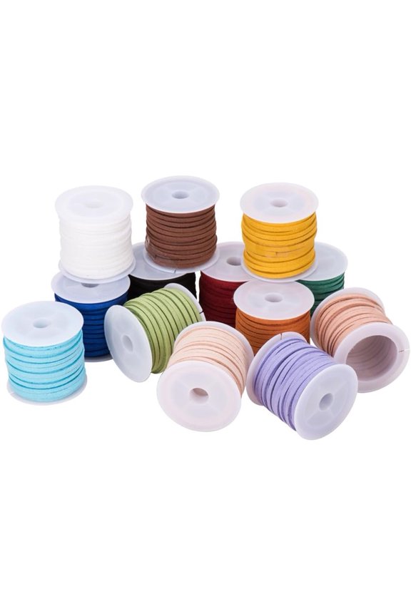 25 Roll (5 Yards/Roll) 3mm Wide 25 Colors Faux Suede Cord Flat Micro Fiber Lace Leather Spool for Beading Necklace Jewelry Making DIY