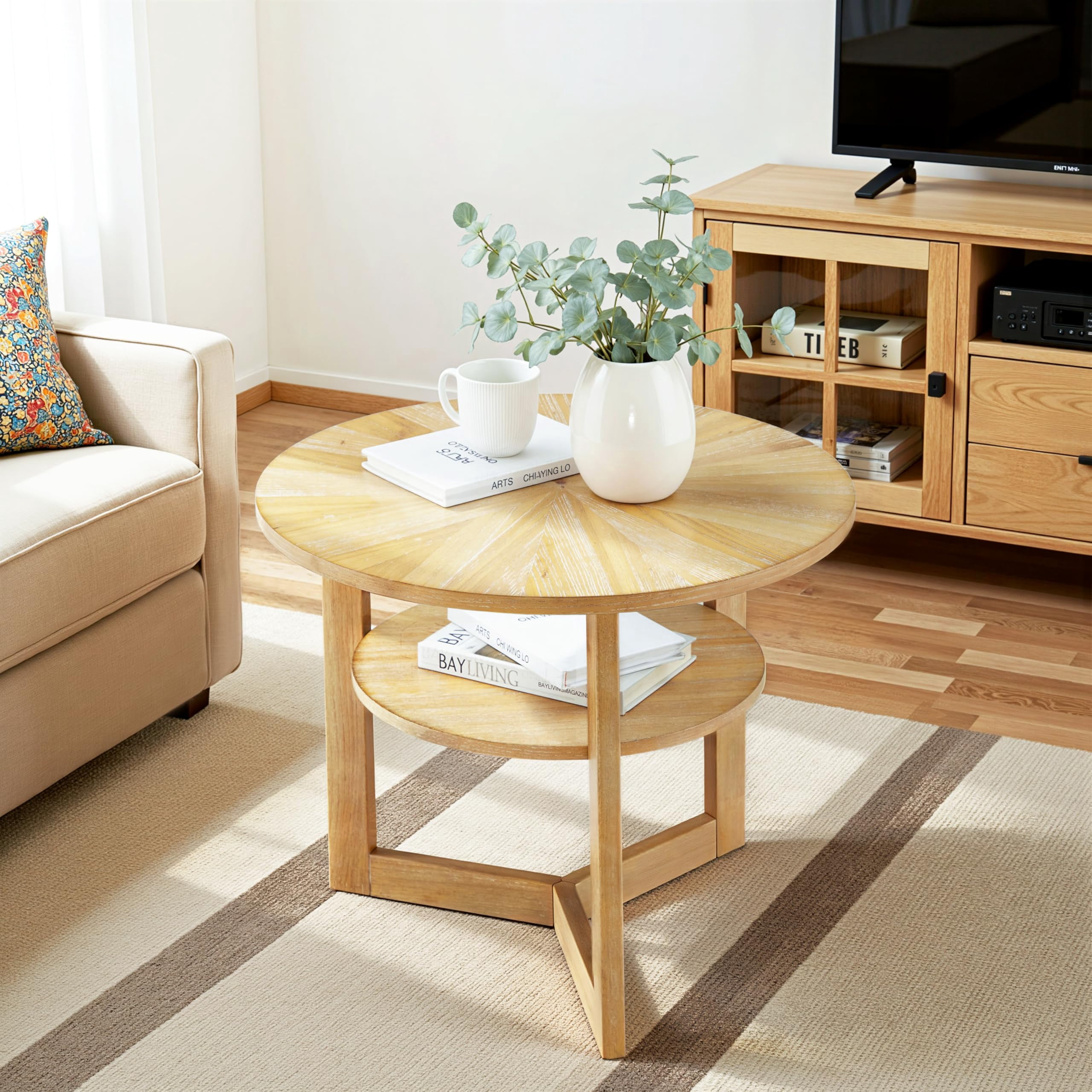 25" Round Coffee Table for Small Spaces, Circle Wood Coffee Table with ...