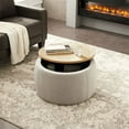 thumbnail image 1 of 25" Round Fabric Storage Ottoman with Wood Top, Mid-Century Modern Design Footrest Stool Bench, 2 in 1 Function Work as End Table, Ottoman Coffee Table Side Table for Living Room & Bedroom,Light Grey, 1 of 7
