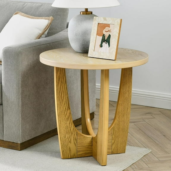 25" Round Mid-Century Side Table - Wood Grain MDF End Table with Cross Legs for Living Room, 130lb Capacity