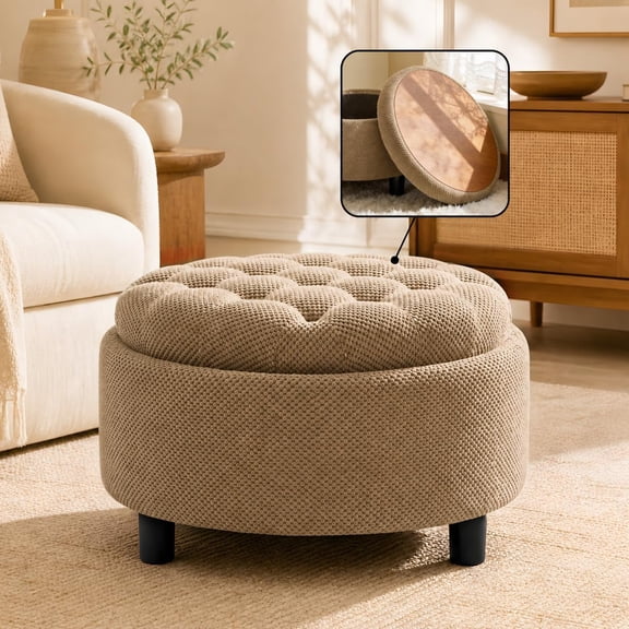 25" Round Storage Ottoman with Reversible Wood Tray Top, Beige Fabric Tufted Footrest and Coffee Table, Hidden Storage for Blankets & Pillows, Sturdy Side Table for Living Room & Small Spaces