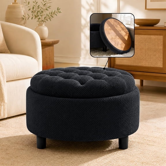25" Round Storage Ottoman with Reversible Wood Tray Top, Black Fabric Tufted Footrest and Coffee Table, Hidden Storage for Blankets & Pillows, Sturdy Side Table for Living Room & Small Spaces