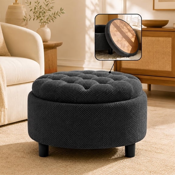 25" Round Storage Ottoman with Reversible Wood Tray Top, Dark Grey Fabric Tufted Footrest and Coffee Table, Hidden Storage for Blankets & Pillows, Sturdy Side Table for Living Room & Small Spaces